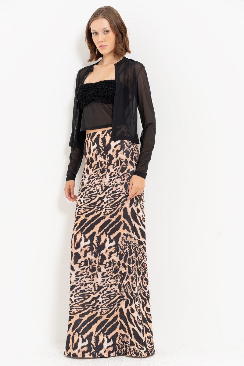 BROWN-BLACK-NUDE-JAGUAR Printed Maxi Skirt with Elastic Waistband