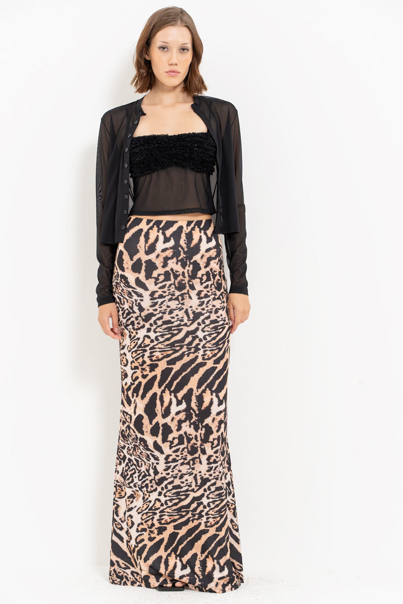 BROWN-BLACK-NUDE-JAGUAR Printed Maxi Skirt with Elastic Waistband