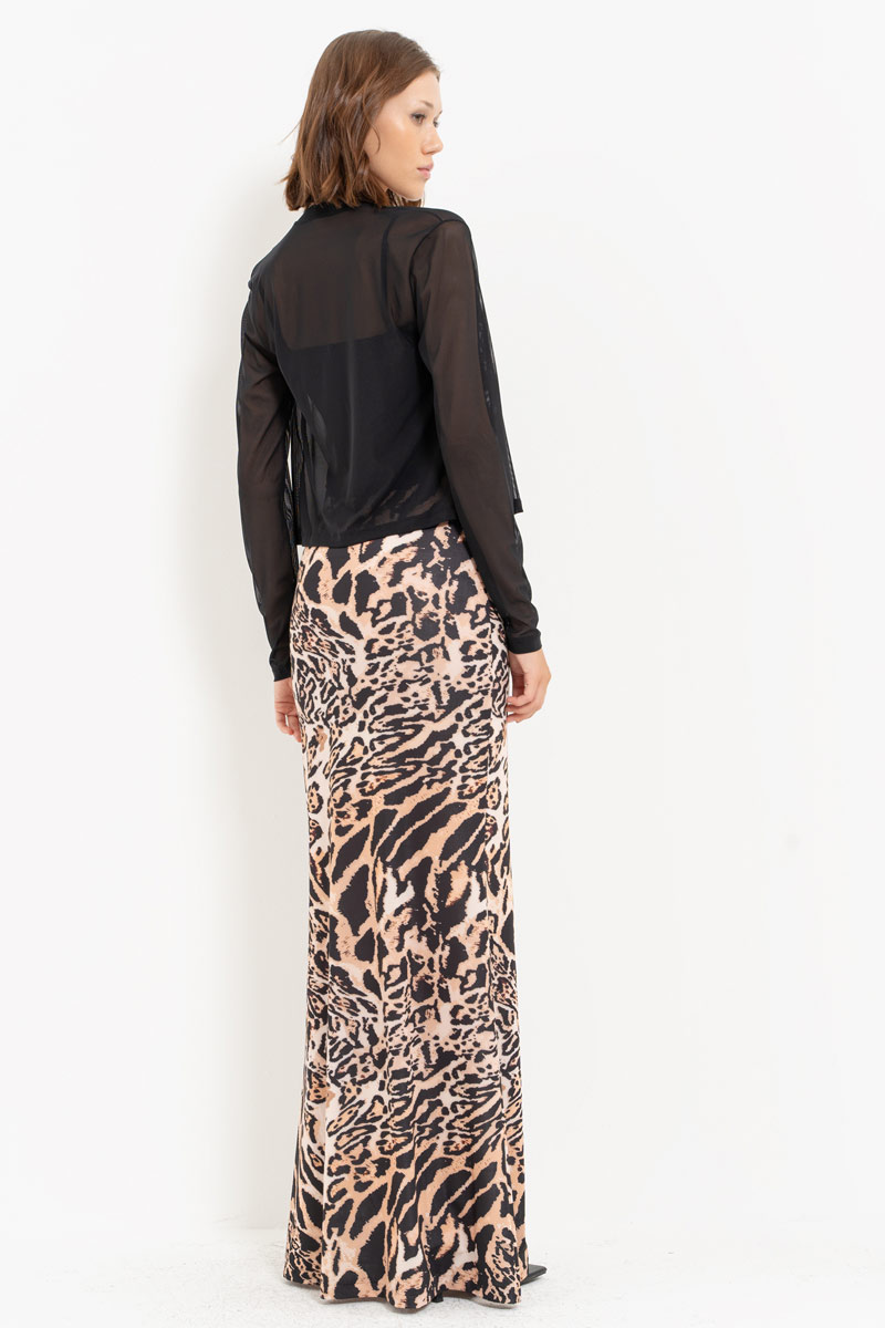 BROWN-BLACK-NUDE-JAGUAR Printed Maxi Skirt with Elastic Waistband