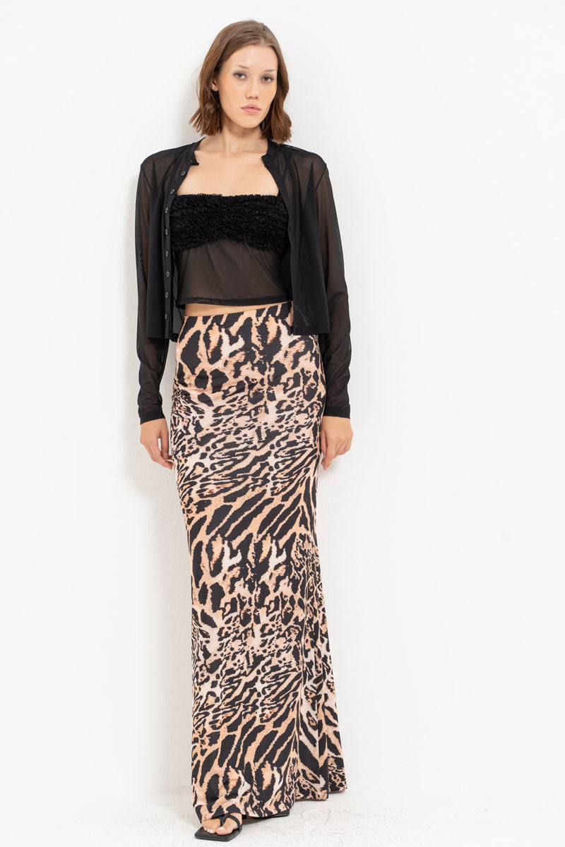 BROWN-BLACK-NUDE-JAGUAR Printed Maxi Skirt with Elastic Waistband