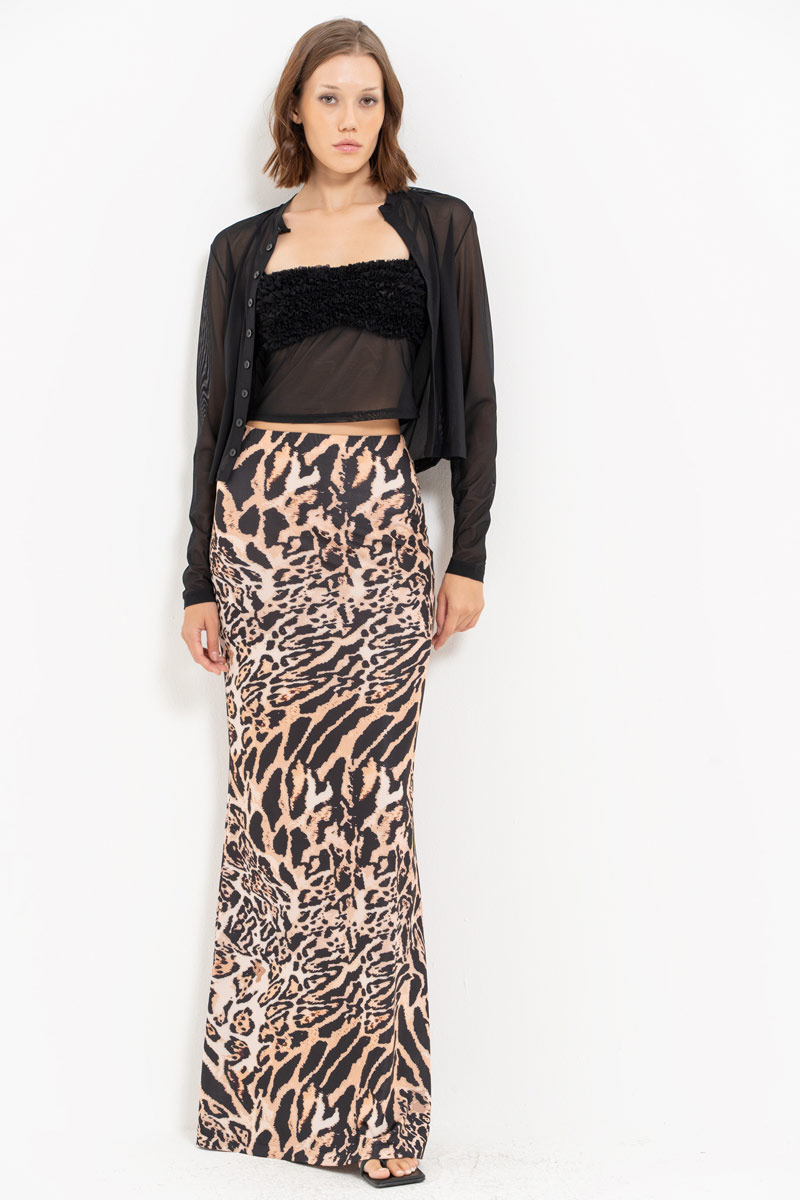 BROWN-BLACK-NUDE-JAGUAR Printed Maxi Skirt with Elastic Waistband