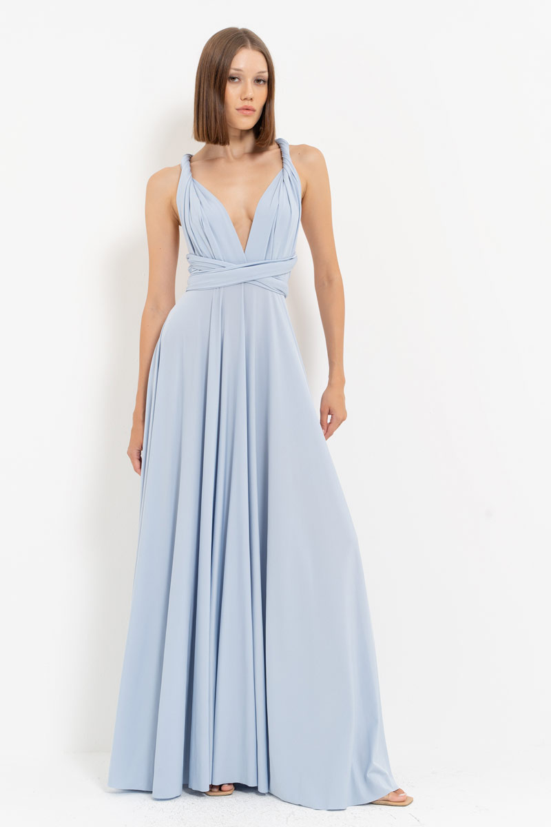 V Neck Sleeveless Blue Pleated Long Dress