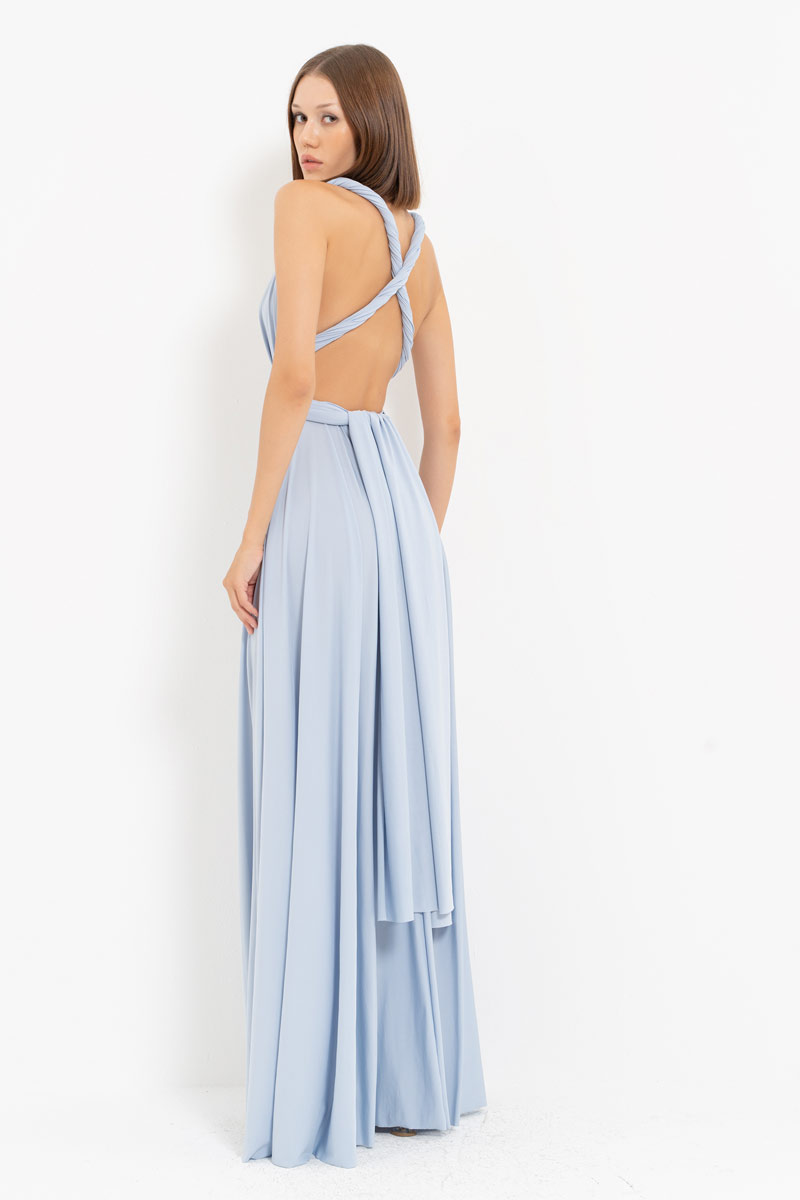 V Neck Sleeveless Blue Pleated Long Dress