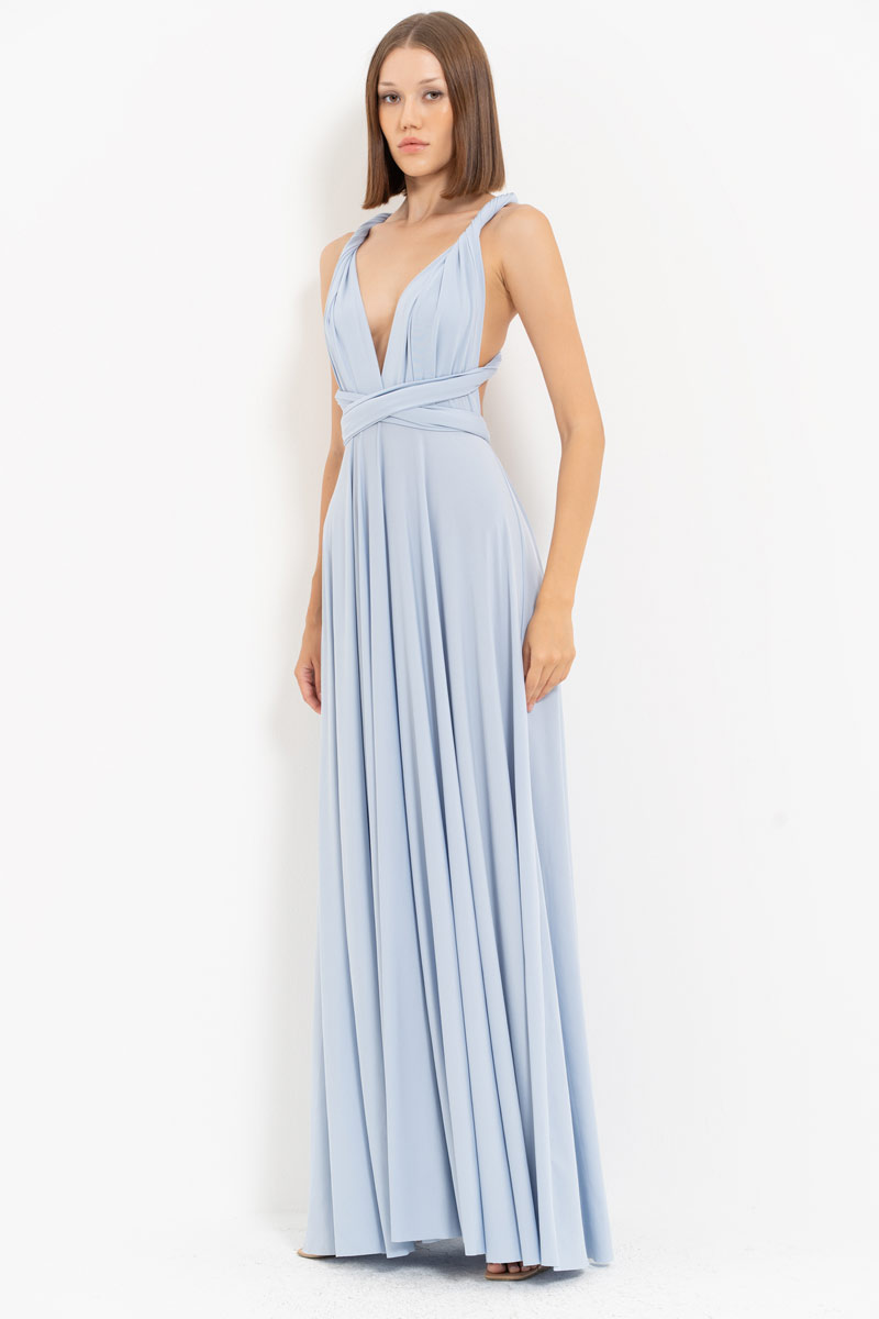 V Neck Sleeveless Blue Pleated Long Dress