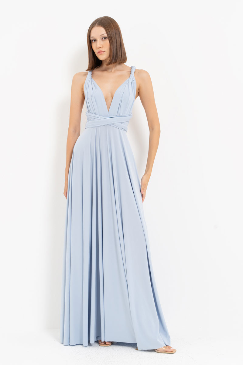 V Neck Sleeveless Blue Pleated Long Dress