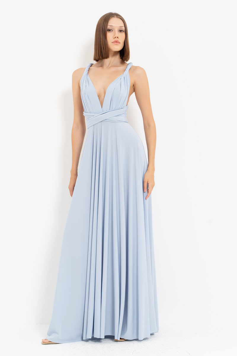 V Neck Sleeveless Blue Pleated Long Dress