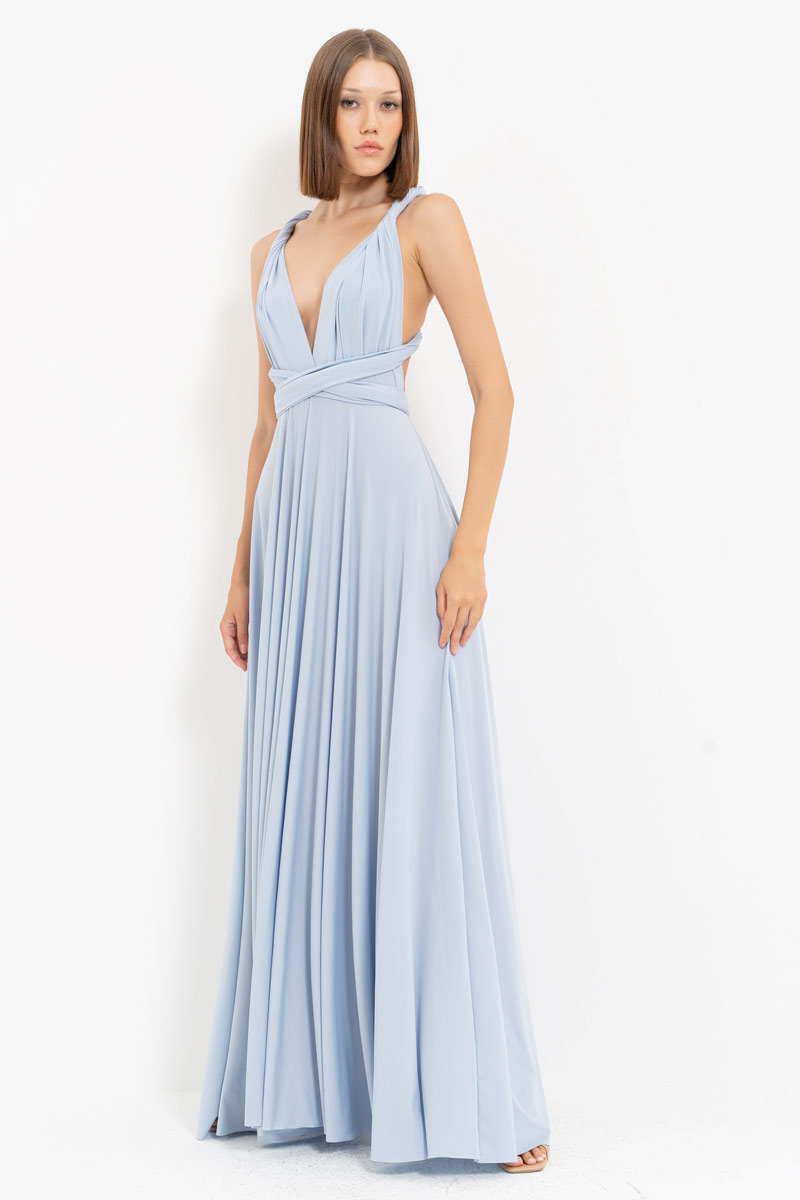 V Neck Sleeveless Blue Pleated Long Dress