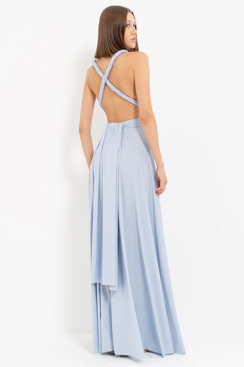 V Neck Sleeveless Blue Pleated Long Dress