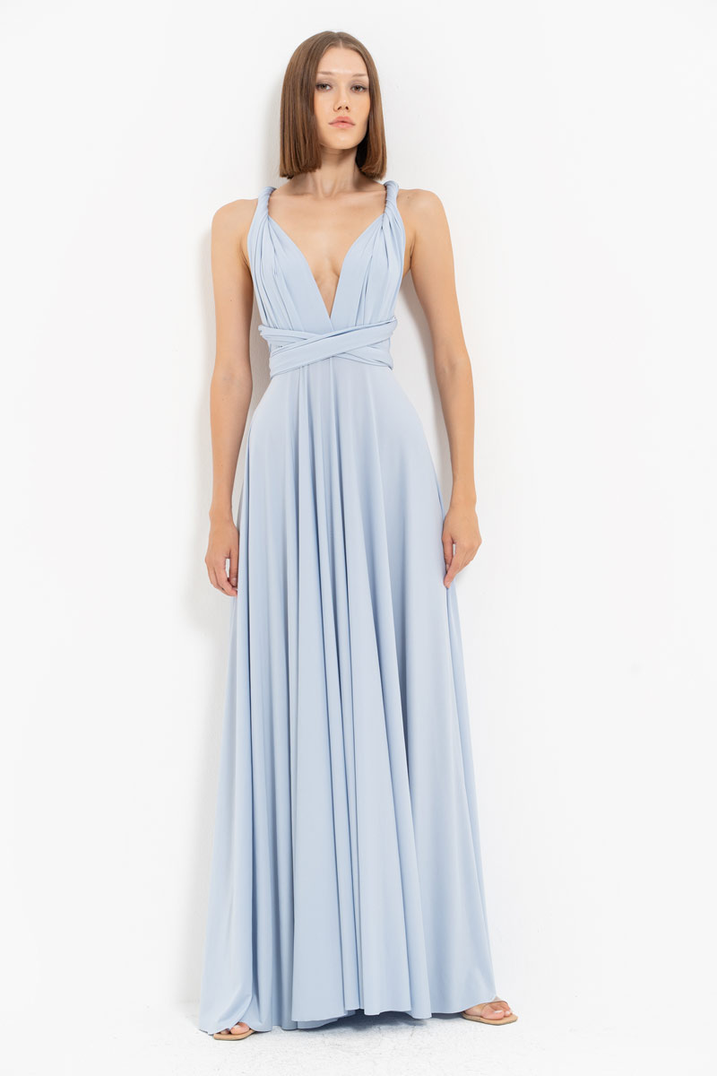 V Neck Sleeveless Blue Pleated Long Dress