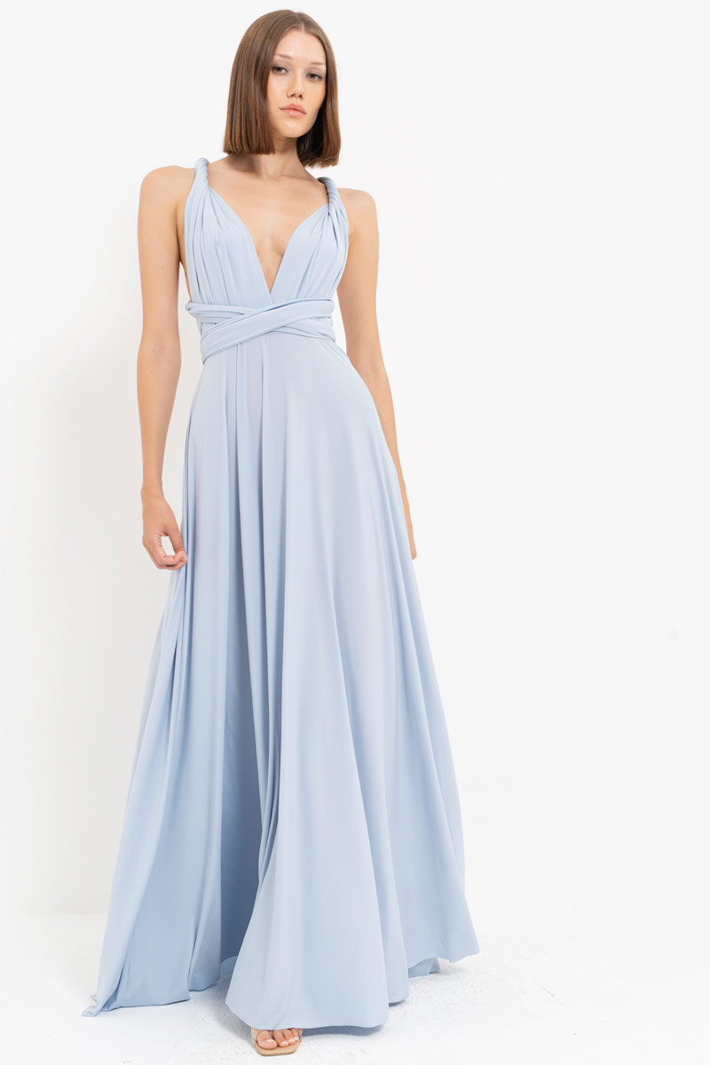 V Neck Sleeveless Blue Pleated Long Dress