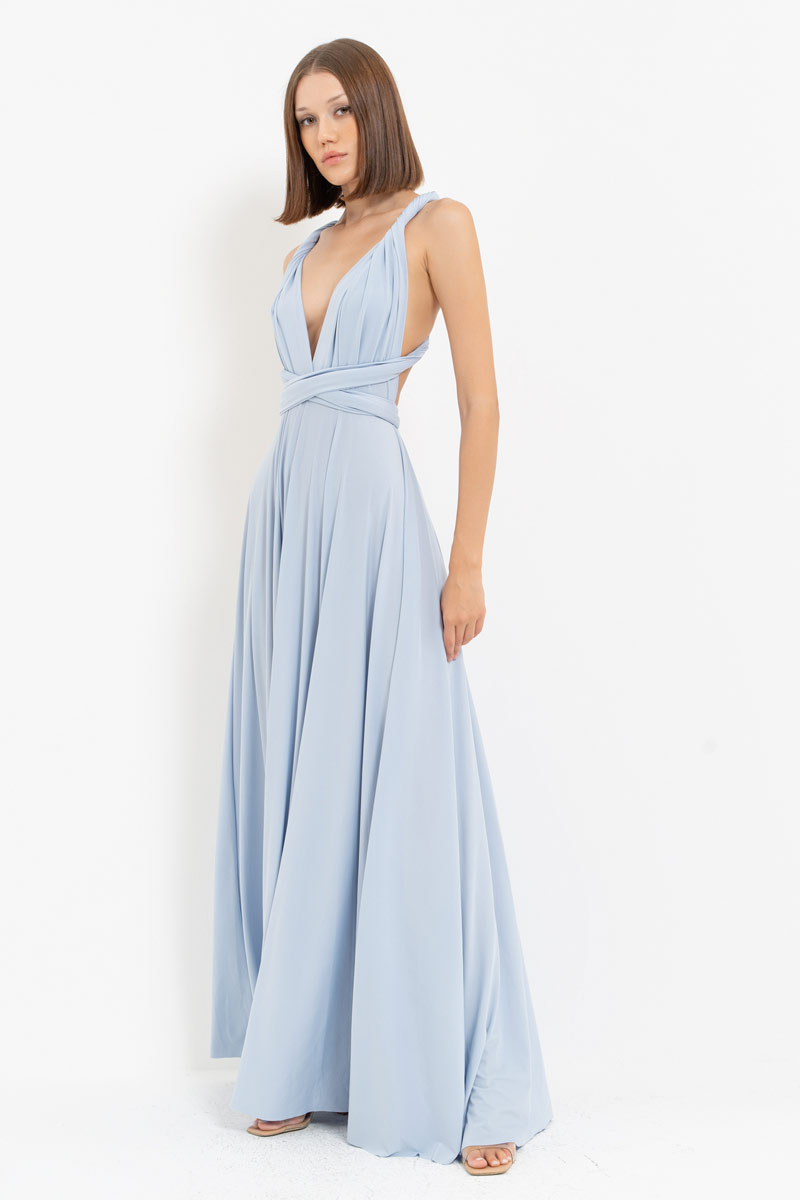 V Neck Sleeveless Blue Pleated Long Dress