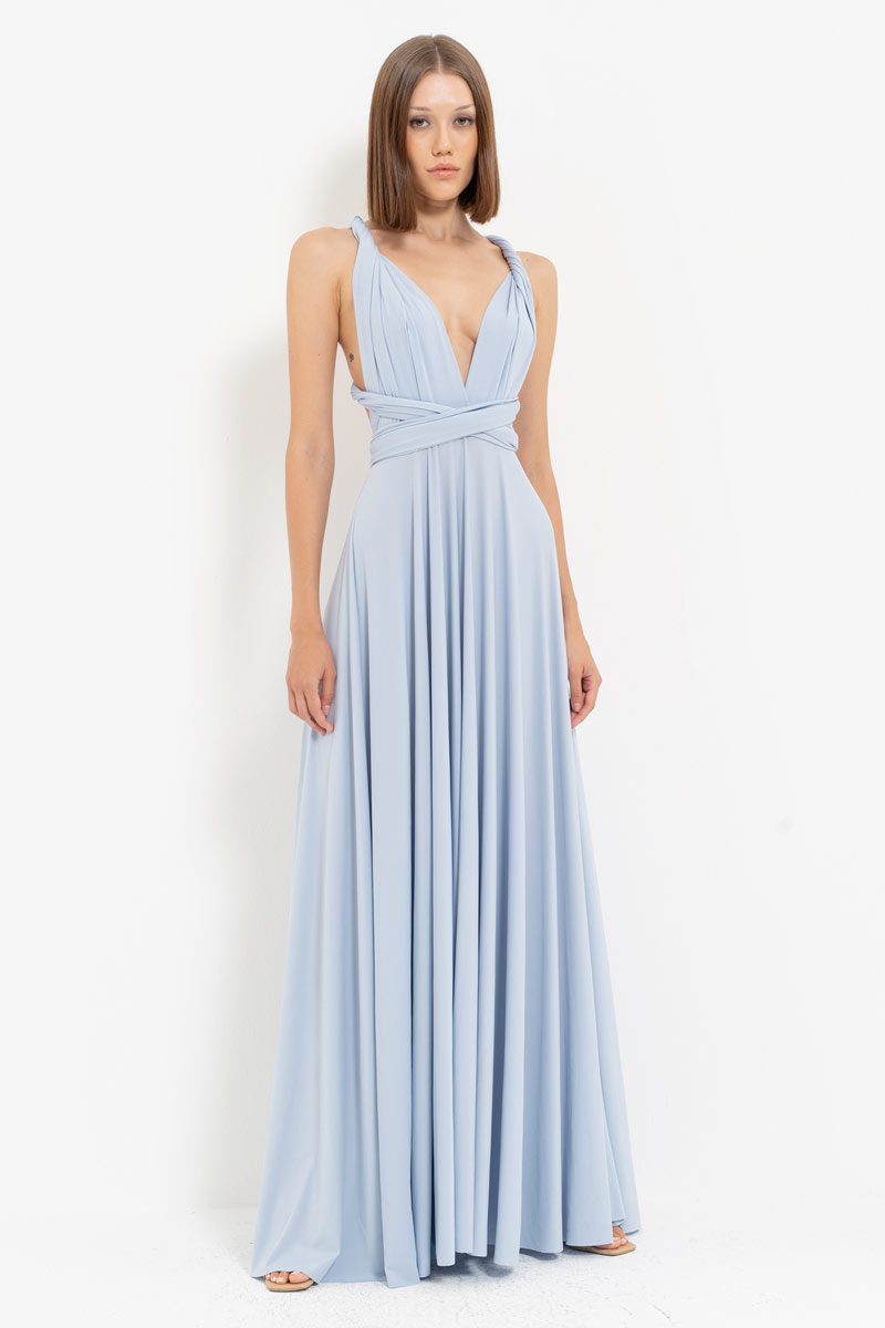 V Neck Sleeveless Blue Pleated Long Dress