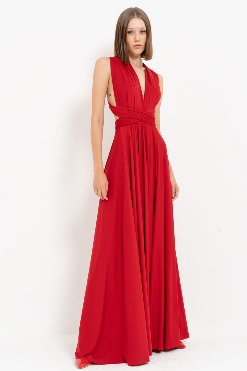 V Neck Sleeveless Dark Red Pleated Long Dress