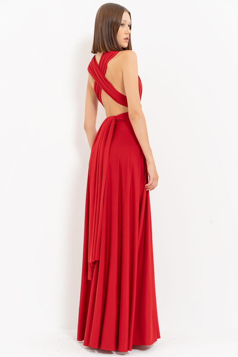 V Neck Sleeveless Dark Red Pleated Long Dress