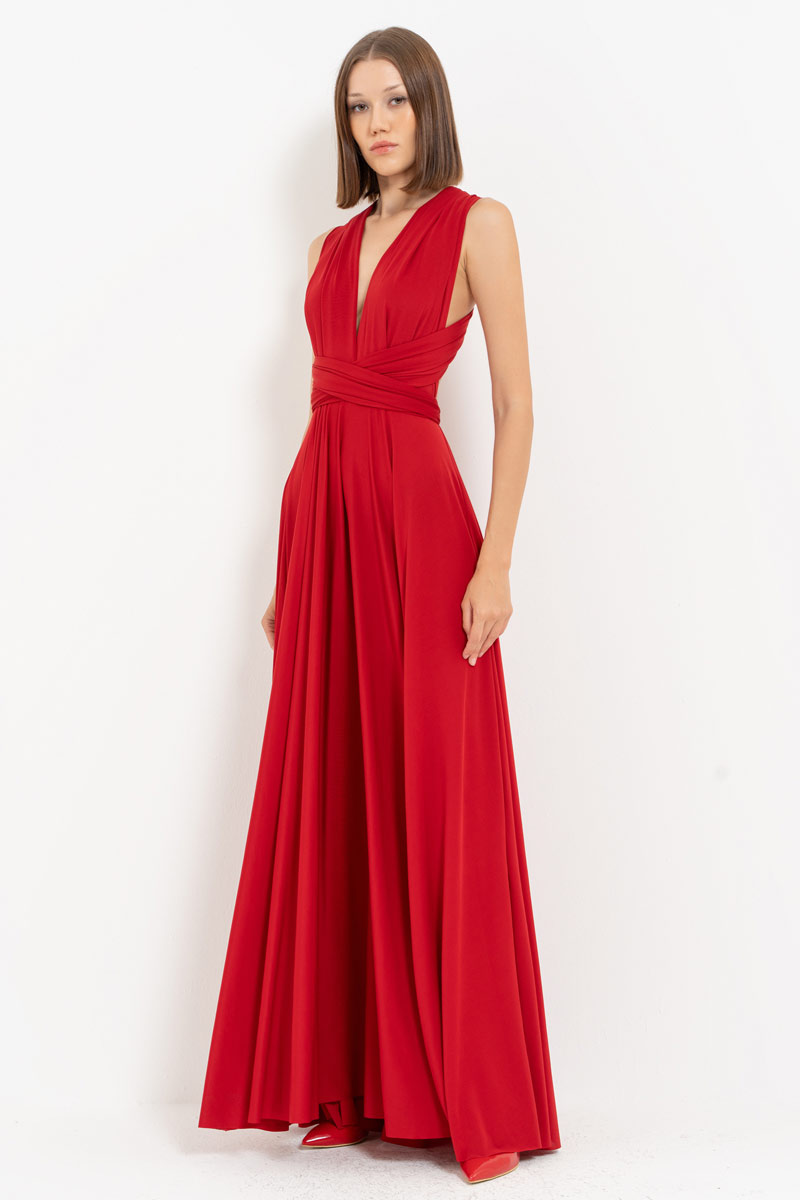 V Neck Sleeveless Dark Red Pleated Long Dress