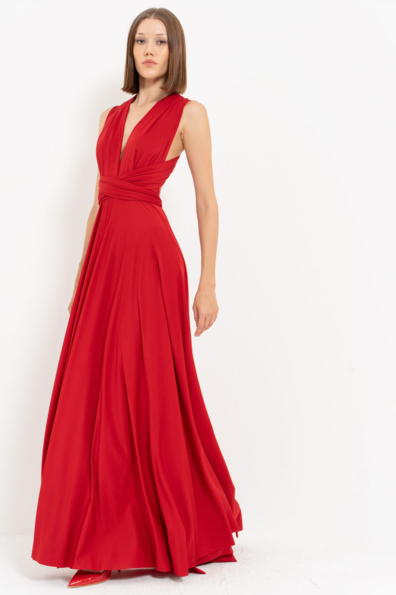 V Neck Sleeveless Dark Red Pleated Long Dress