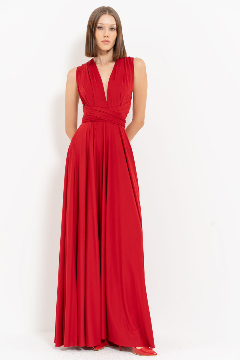 V Neck Sleeveless Dark Red Pleated Long Dress