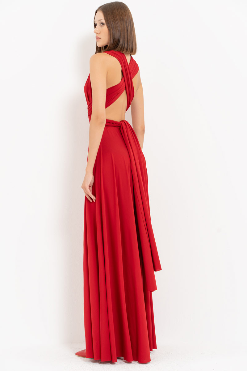 V Neck Sleeveless Dark Red Pleated Long Dress