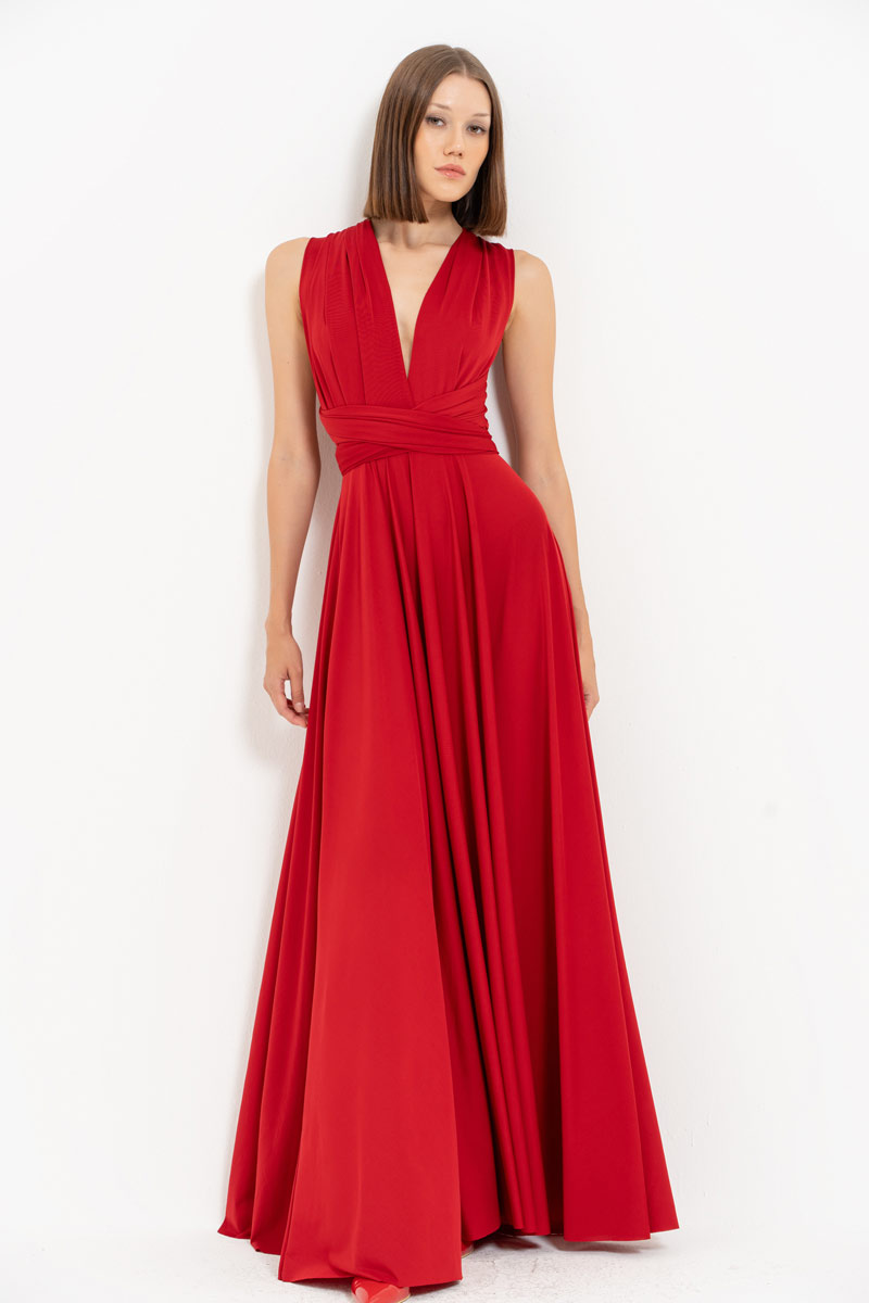 V Neck Sleeveless Dark Red Pleated Long Dress