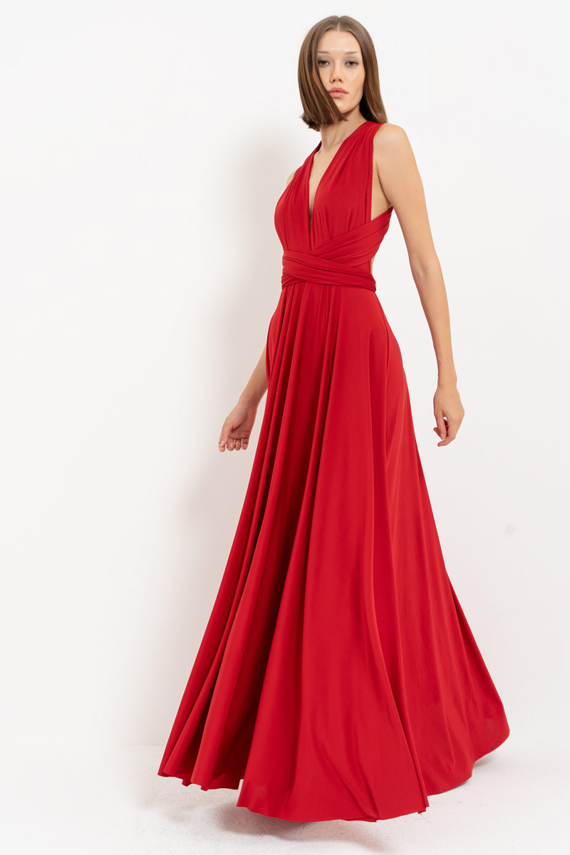 V Neck Sleeveless Dark Red Pleated Long Dress