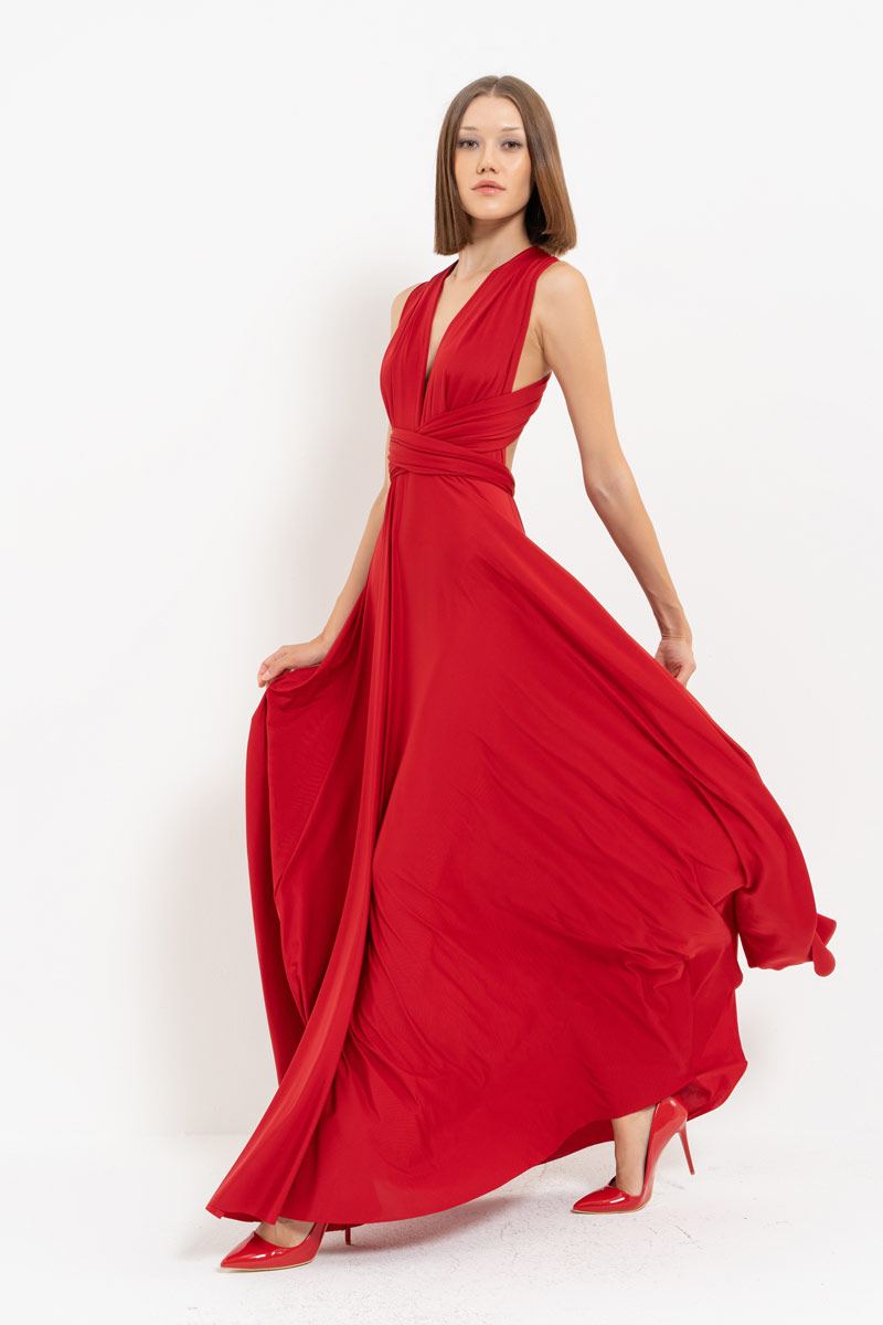 V Neck Sleeveless Dark Red Pleated Long Dress