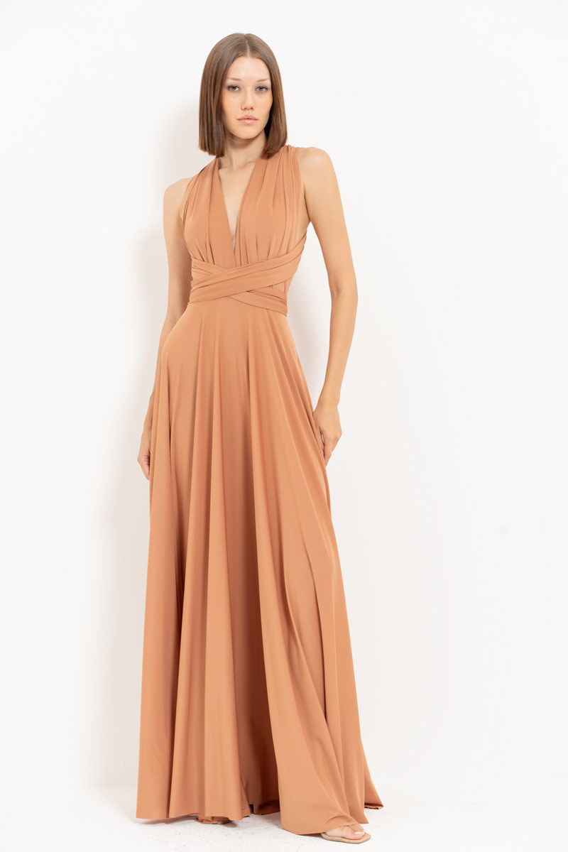 V Neck Sleeveless Mocha Pleated Long Dress