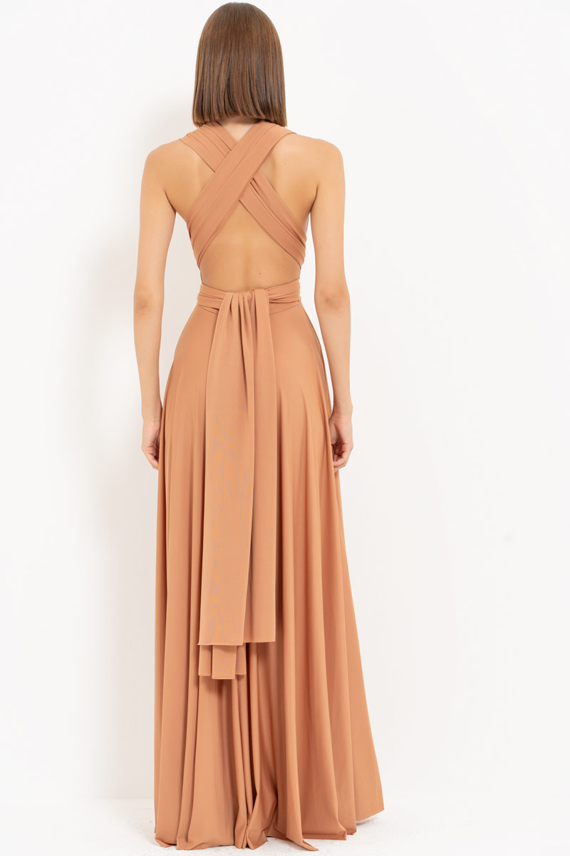 V Neck Sleeveless Mocha Pleated Long Dress