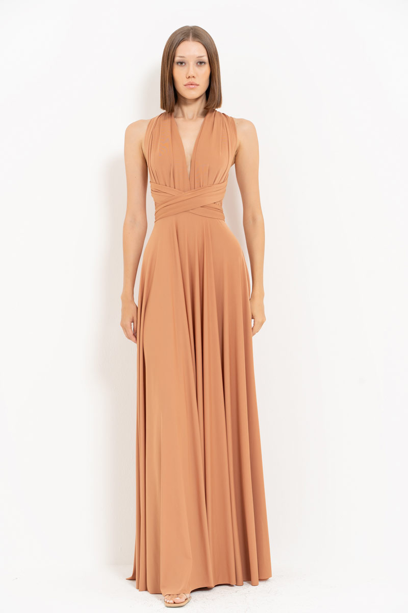 V Neck Sleeveless Mocha Pleated Long Dress