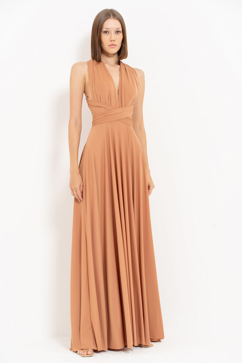 V Neck Sleeveless Mocha Pleated Long Dress