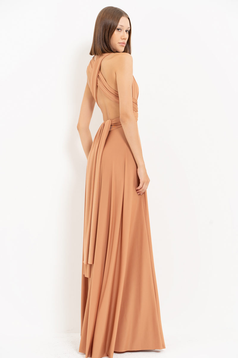 V Neck Sleeveless Mocha Pleated Long Dress