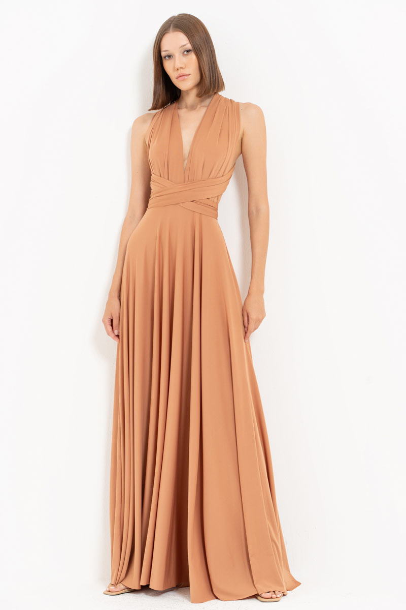 V Neck Sleeveless Mocha Pleated Long Dress