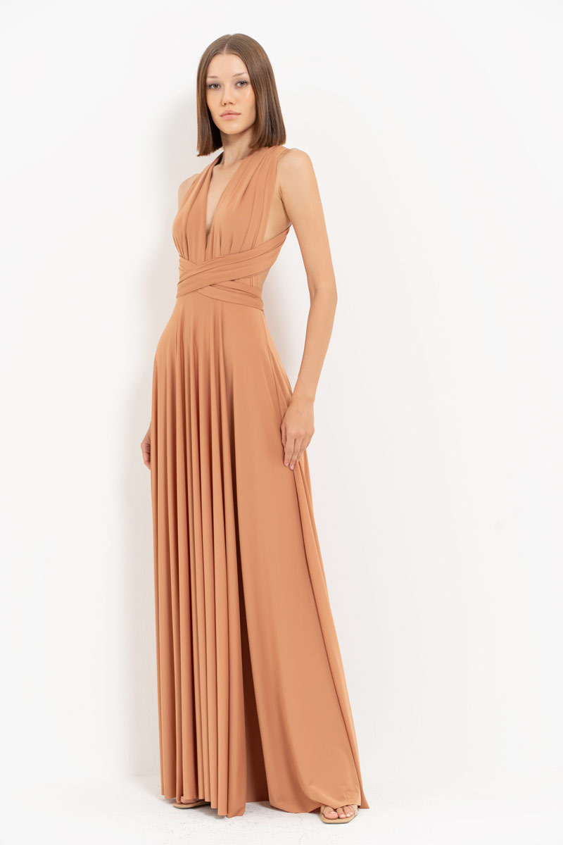 V Neck Sleeveless Mocha Pleated Long Dress