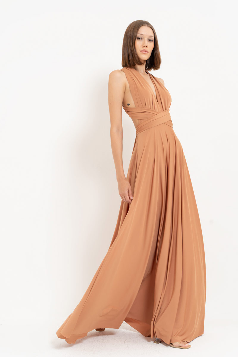 V Neck Sleeveless Mocha Pleated Long Dress