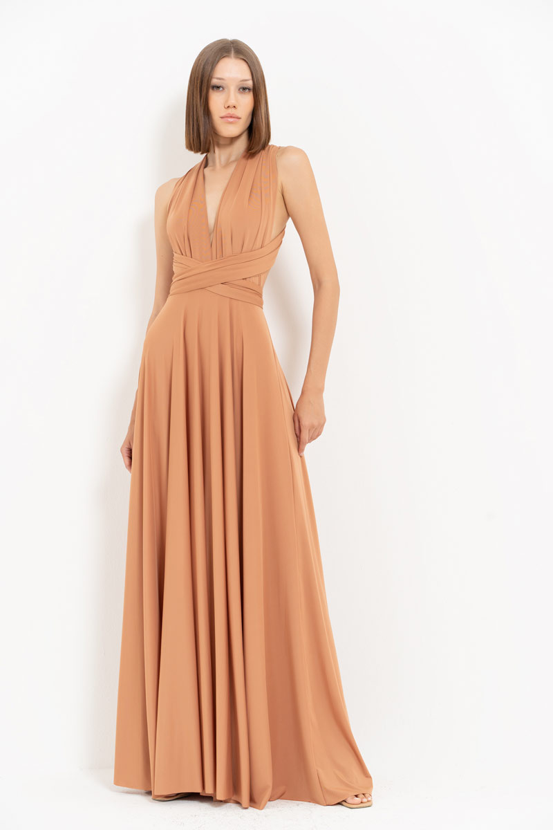 V Neck Sleeveless Mocha Pleated Long Dress