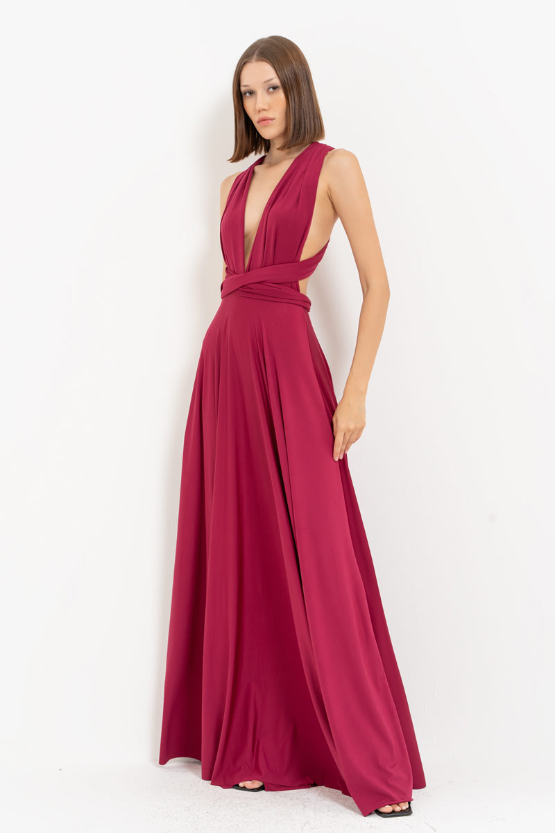 V Neck Sleeveless New Bordeaux Pleated Long Dress