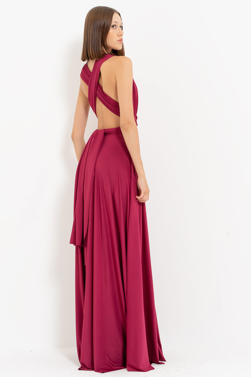 V Neck Sleeveless New Bordeaux Pleated Long Dress