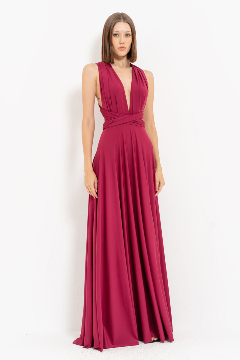 V Neck Sleeveless New Bordeaux Pleated Long Dress