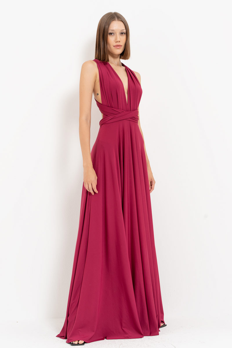 V Neck Sleeveless New Bordeaux Pleated Long Dress