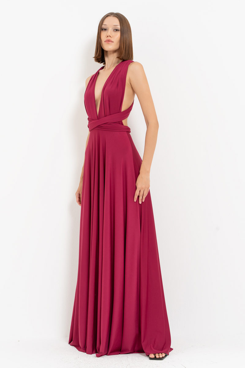 V Neck Sleeveless New Bordeaux Pleated Long Dress