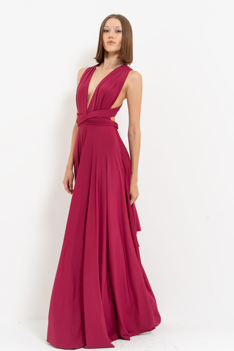 V Neck Sleeveless New Bordeaux Pleated Long Dress