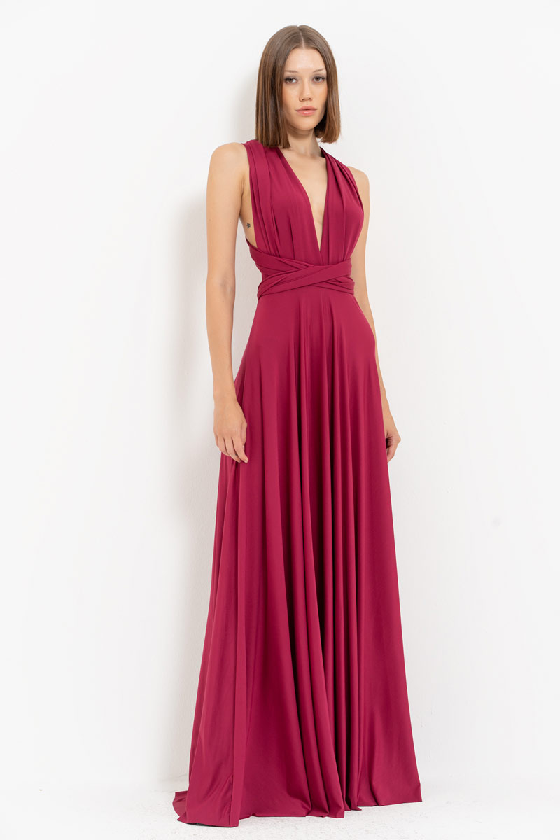 V Neck Sleeveless New Bordeaux Pleated Long Dress