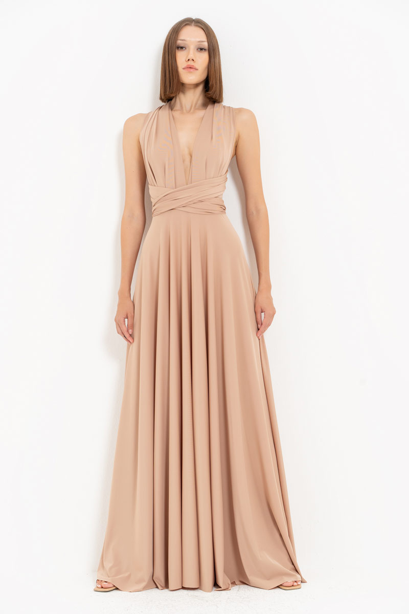 V Neck Sleeveless Mica Pleated Long Dress