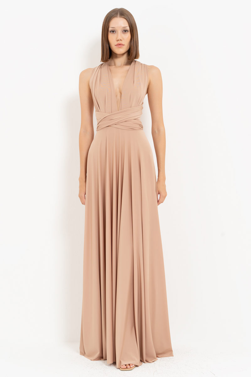 V Neck Sleeveless Mica Pleated Long Dress