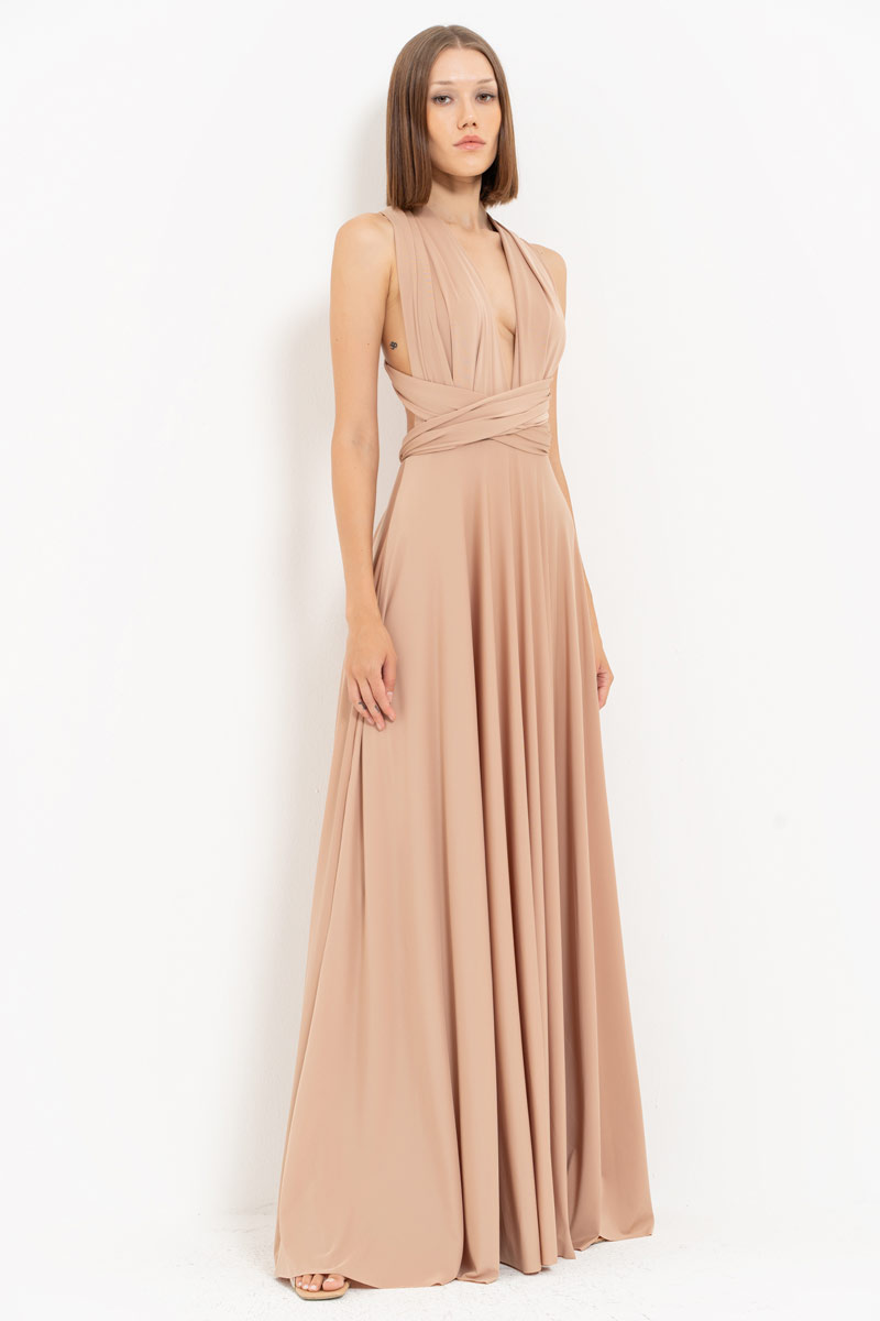 V Neck Sleeveless Mica Pleated Long Dress