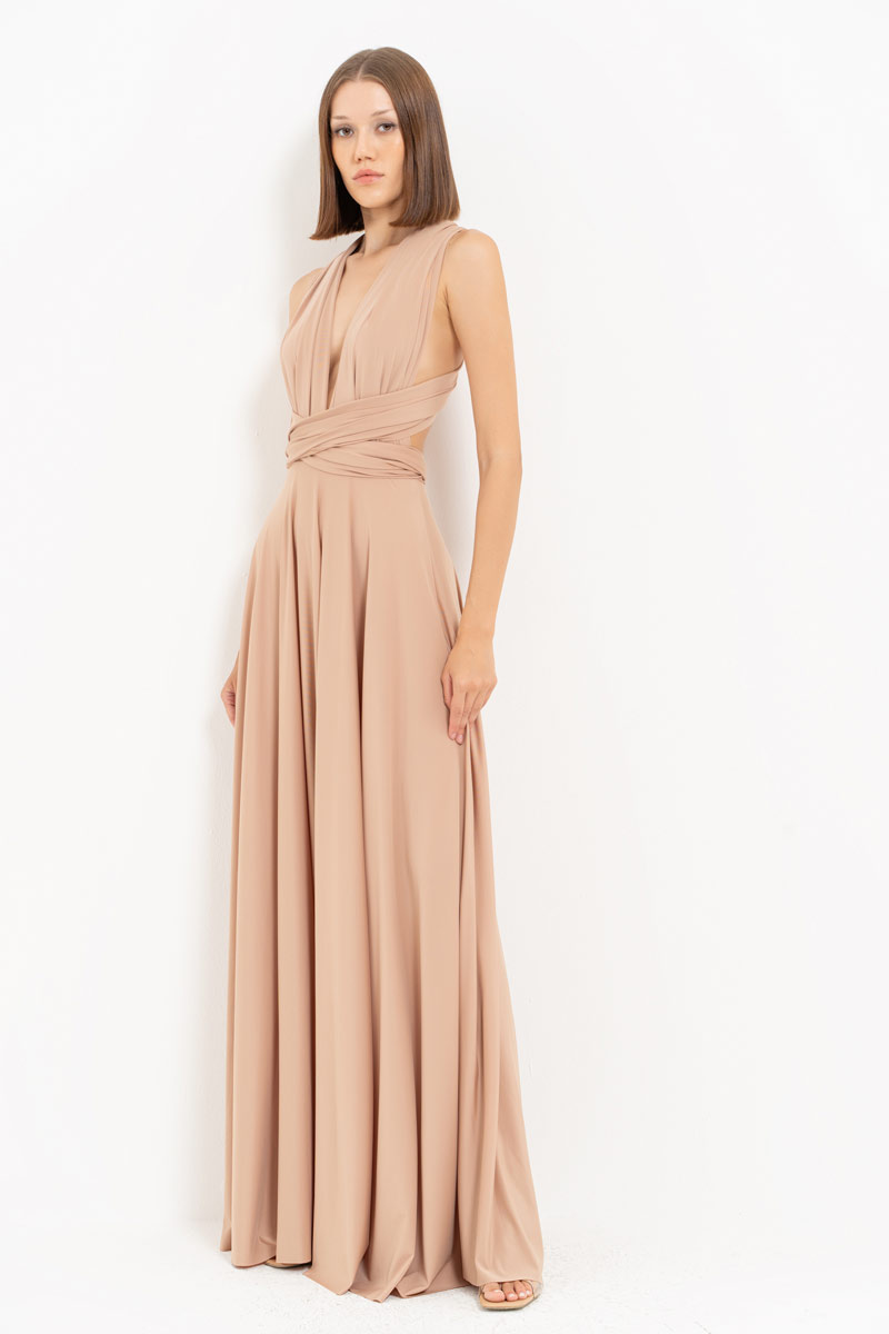 V Neck Sleeveless Mica Pleated Long Dress