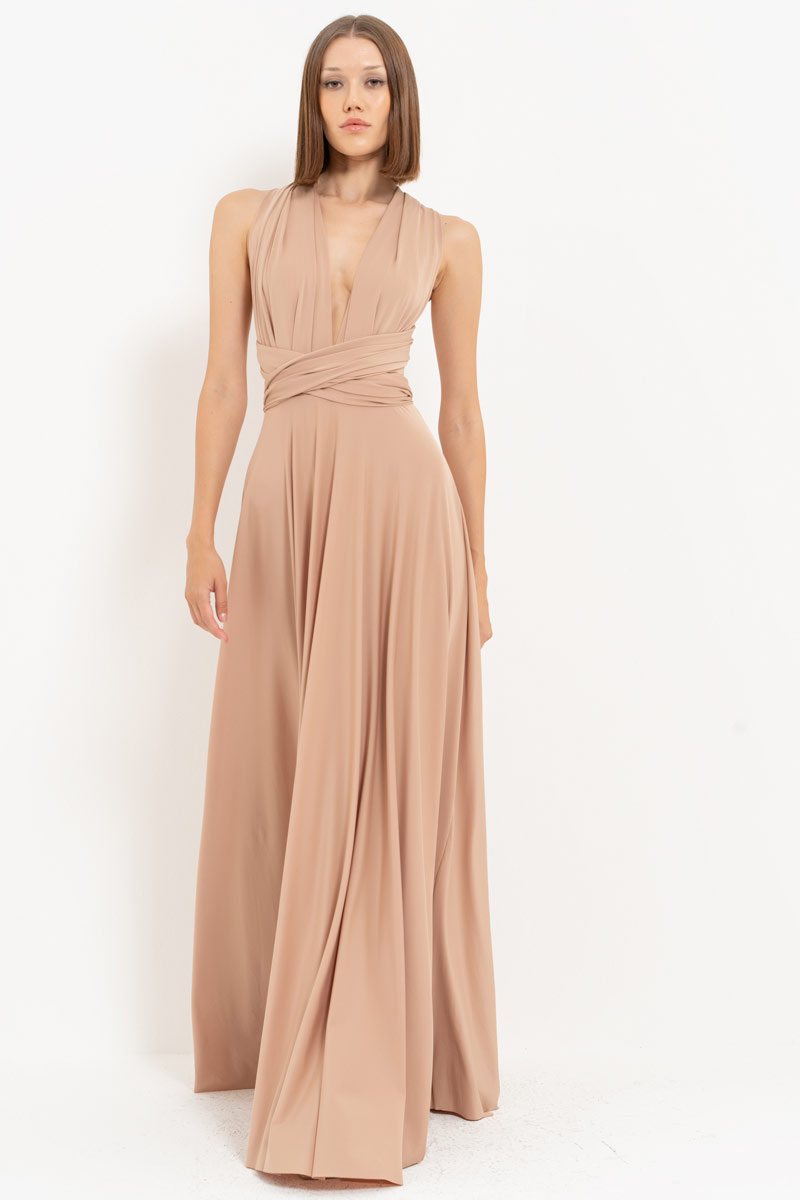 V Neck Sleeveless Mica Pleated Long Dress