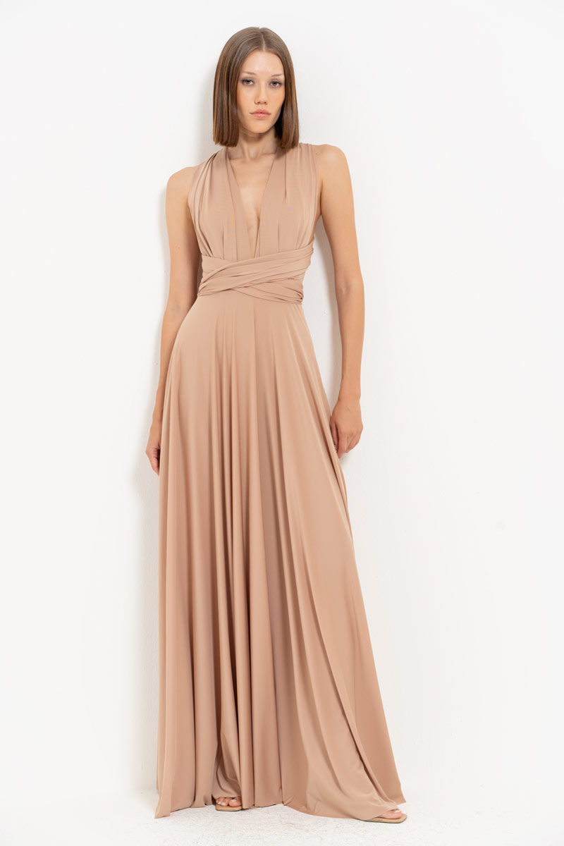 V Neck Sleeveless Mica Pleated Long Dress