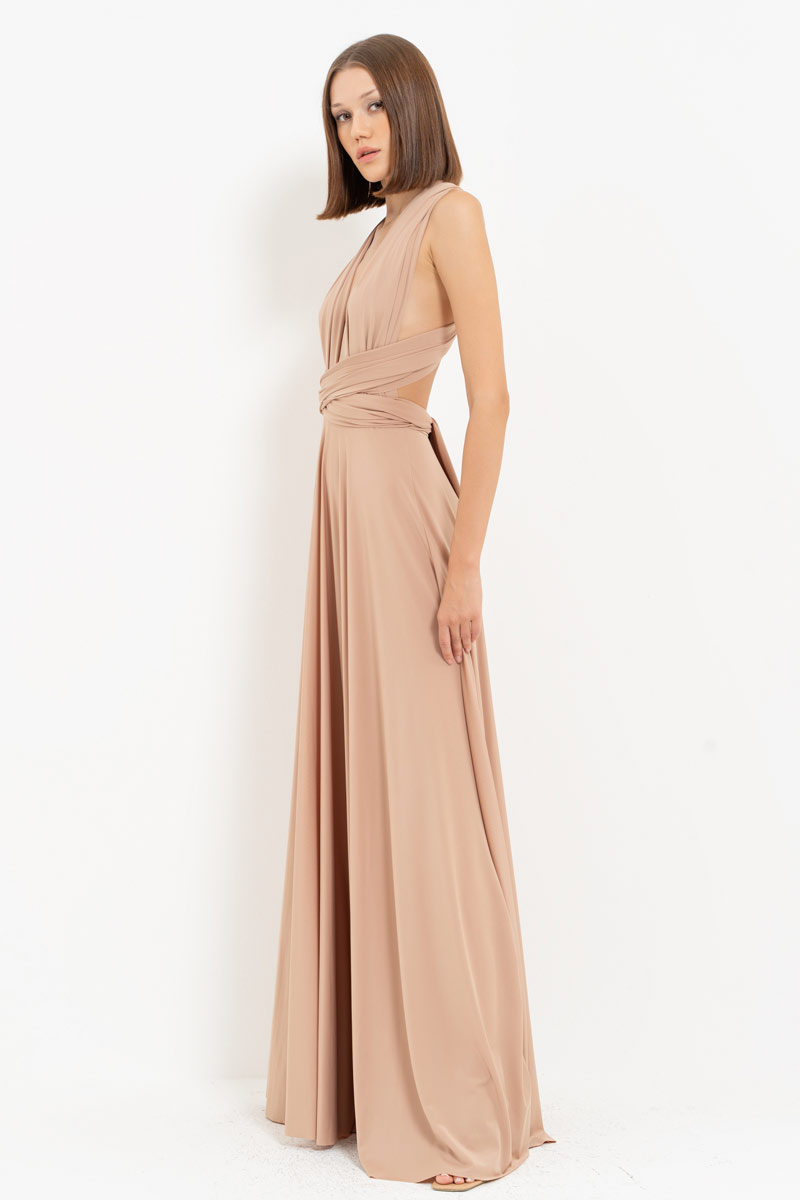 V Neck Sleeveless Mica Pleated Long Dress