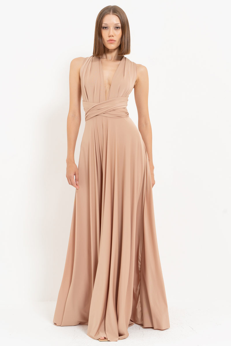 V Neck Sleeveless Mica Pleated Long Dress