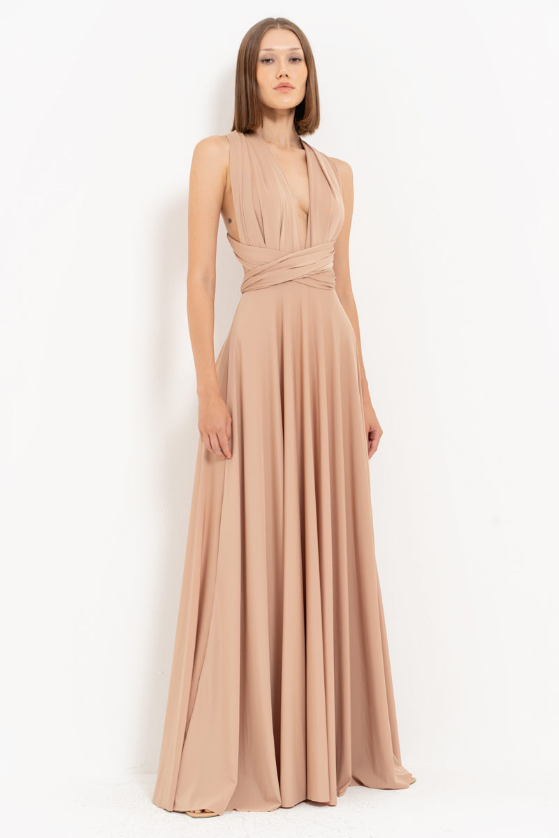 V Neck Sleeveless Mica Pleated Long Dress